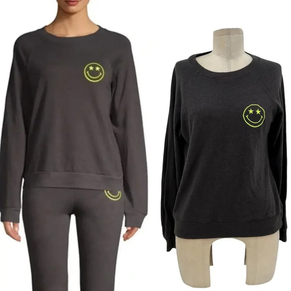 Monrow Smiley Face‎ Pullover Long Sleeve Charcoal Gray Neon Green Size Small
